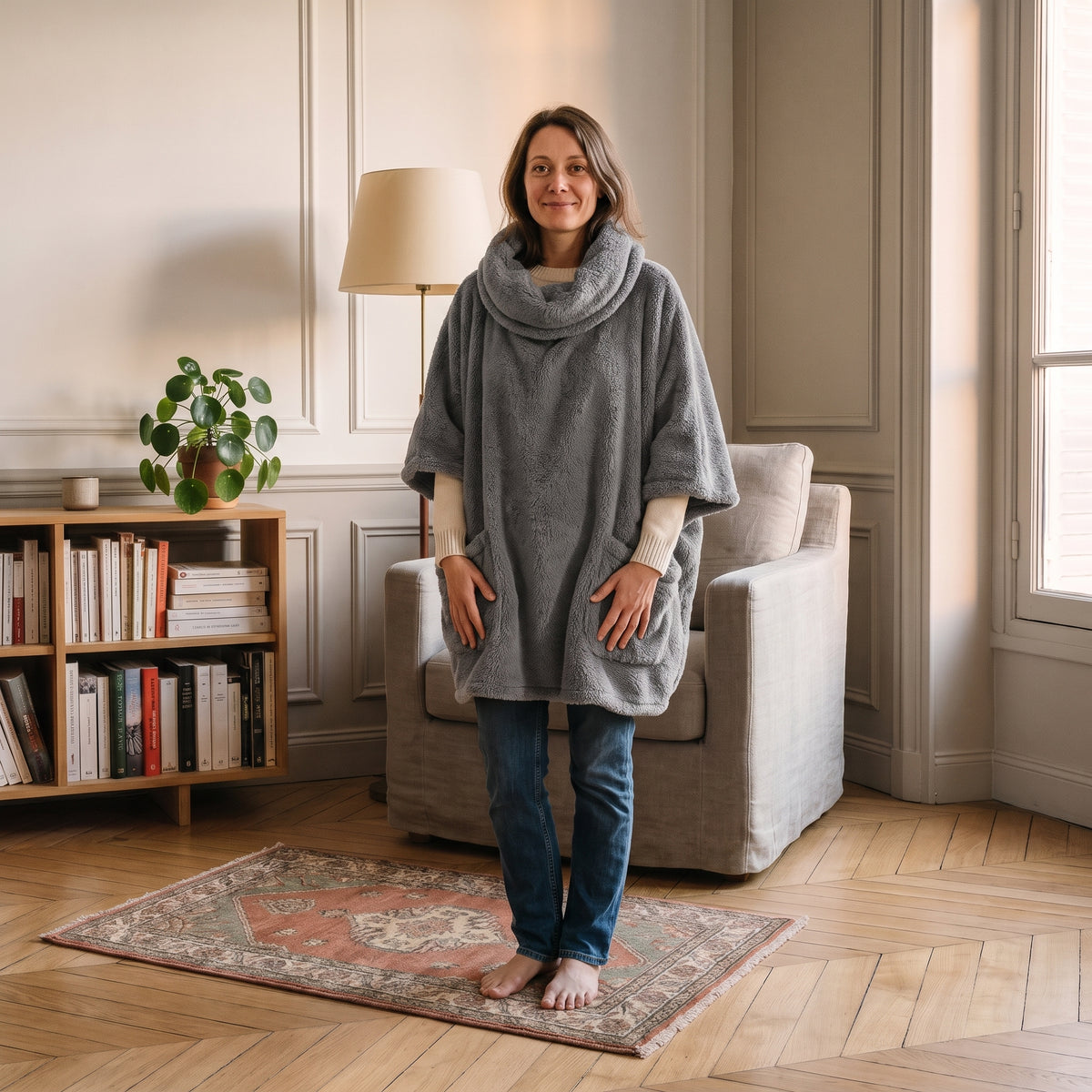 Pull-poncho en peluche à grand col châle, coloris Gris, porté