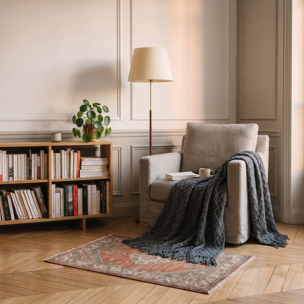 Plaid tricoté à point de riz, coloris Anthracite, dans un intérieur