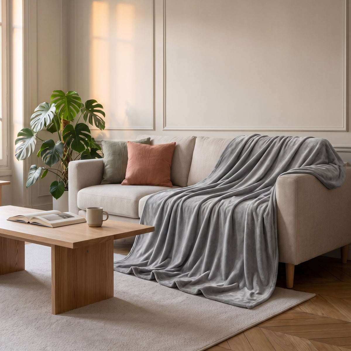 Plaid polaire double face, coloris Gris ardoise, posé sur un lit