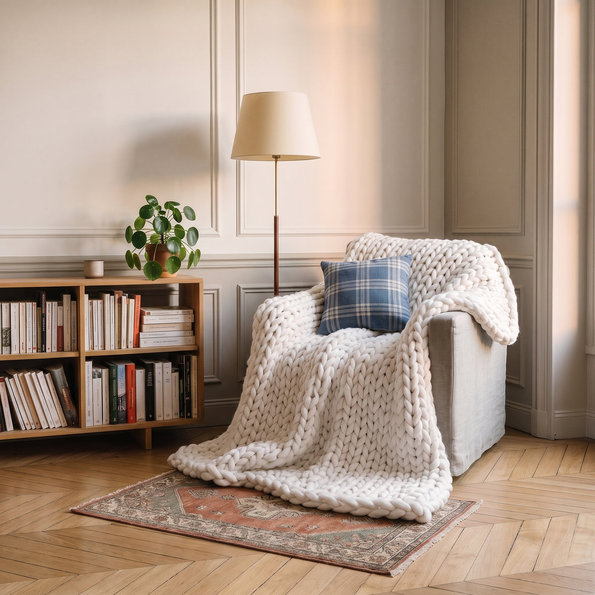 Plaid en maille géante, coloris Ivoire, dans un intérieur