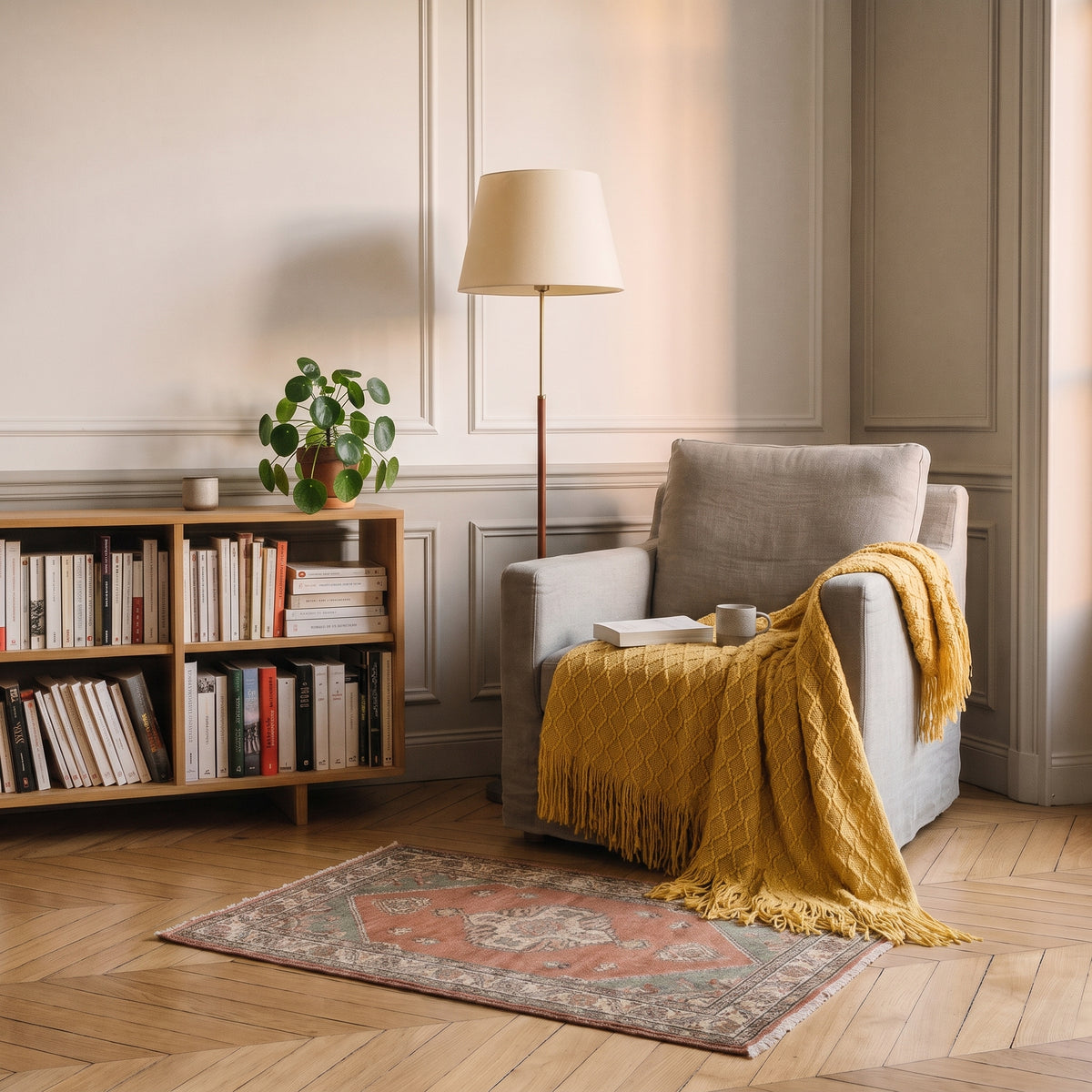 Plaid tricoté à point de riz, coloris Jaune moutarde, dans un intérieur