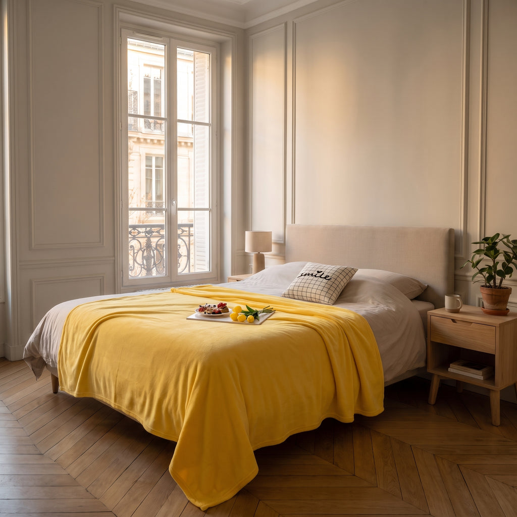 Plaid polaire double face, coloris Jaune soleil, posé sur un lit