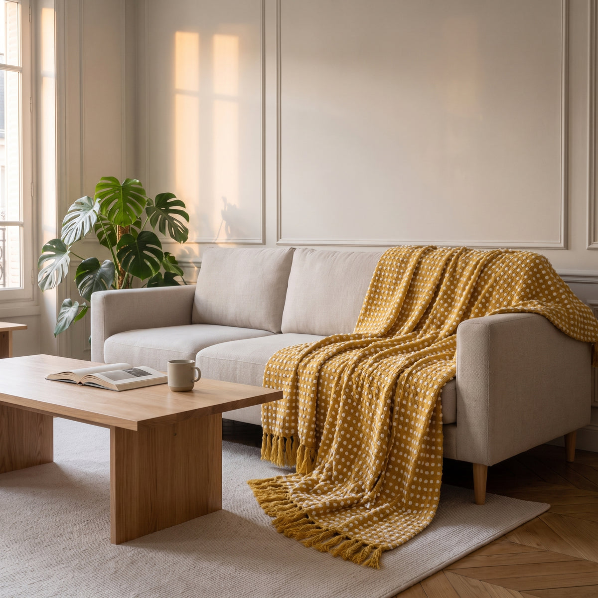Couverture tissée à pois en relief, coloris Jaune moutarde, dans un intérieur