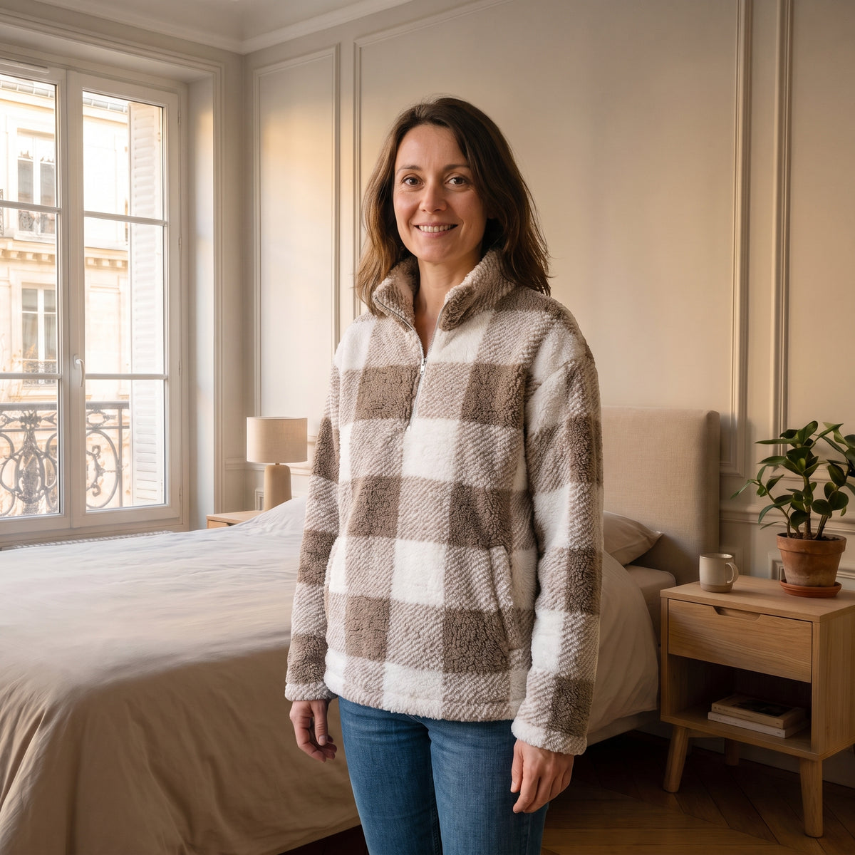 Pull sherpa à carreaux taupe et écru, porté