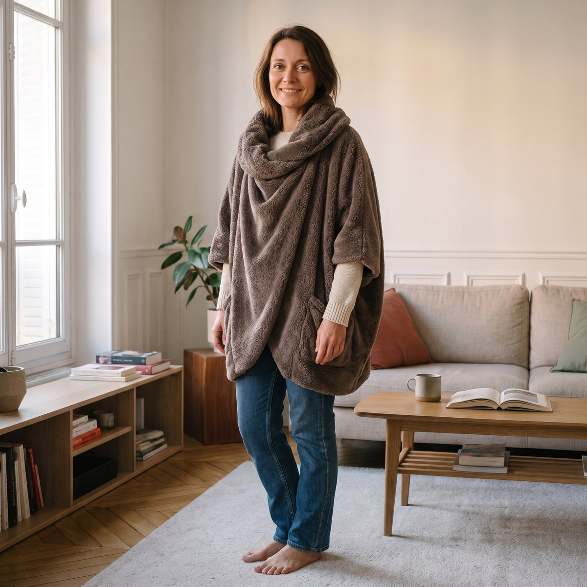 Pull-poncho en peluche à grand col châle, coloris Marron taupe, porté