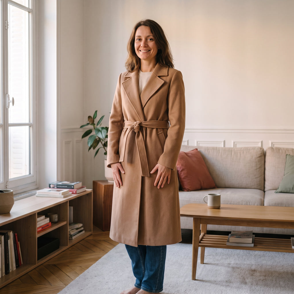 Manteau long à ceinture, coloris Camel, porté