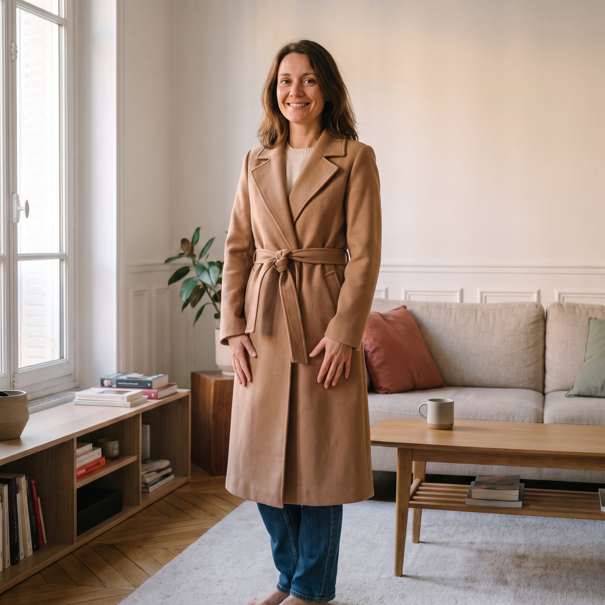 Manteau long à ceinture, coloris Camel, porté