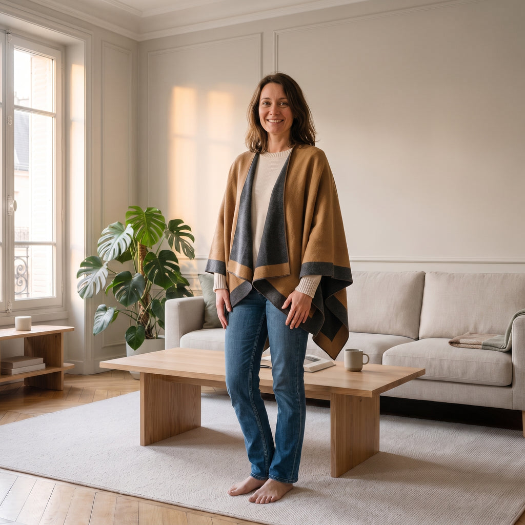 Poncho bicolore réversible, coloris Camel et anthracite, porté