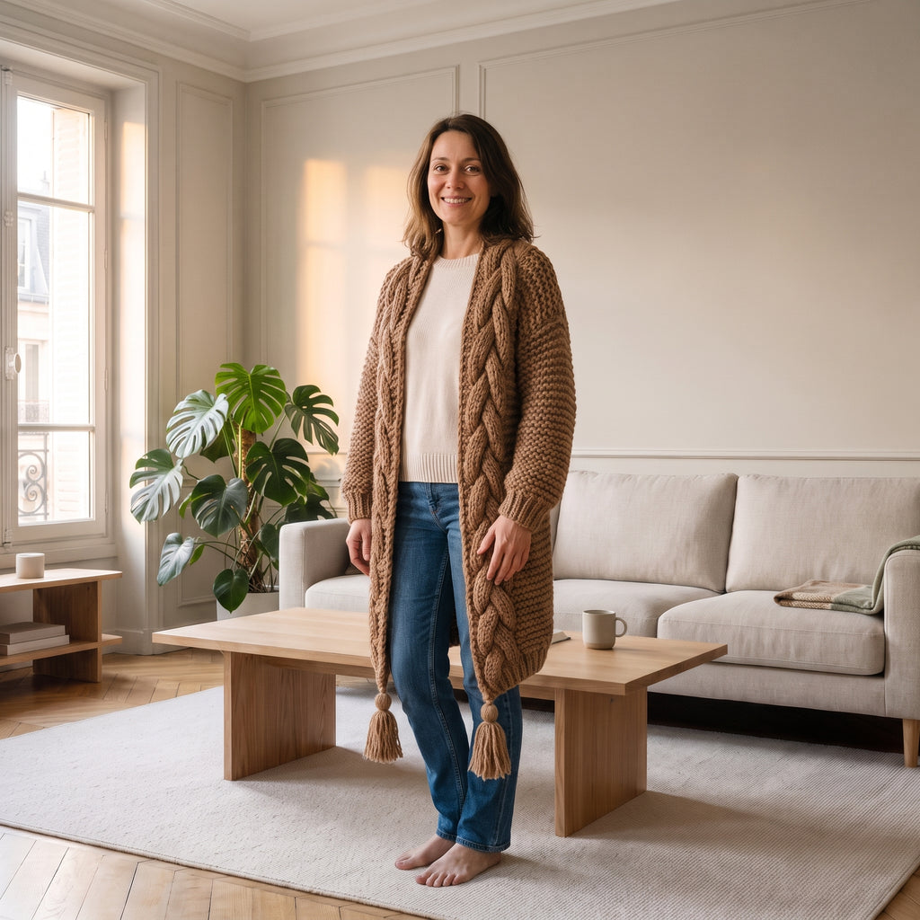 Gilet long en grosse maille torsadée, coloris Camel, porté dans un salon