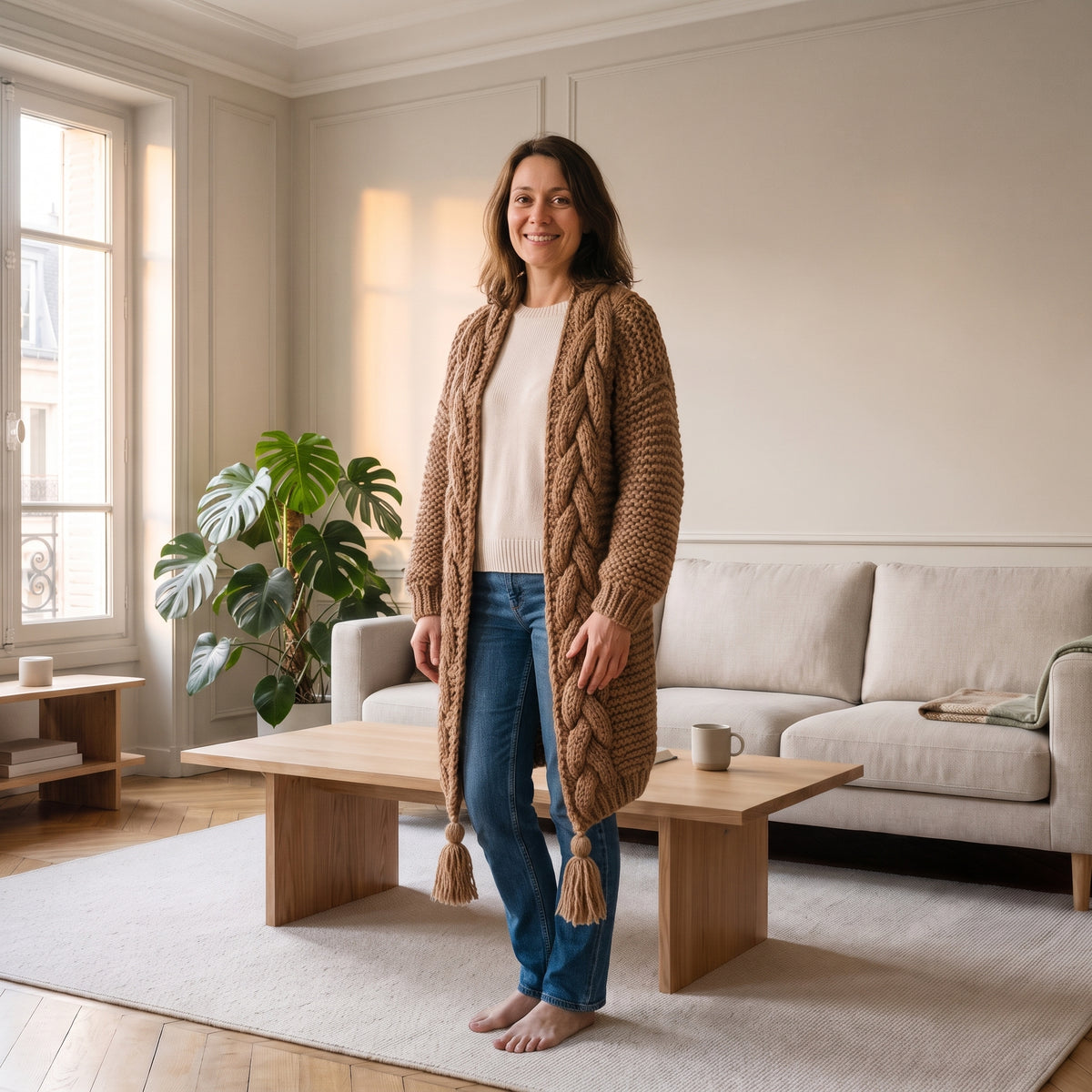 Gilet long en grosse maille torsadée, coloris Camel, porté dans un salon