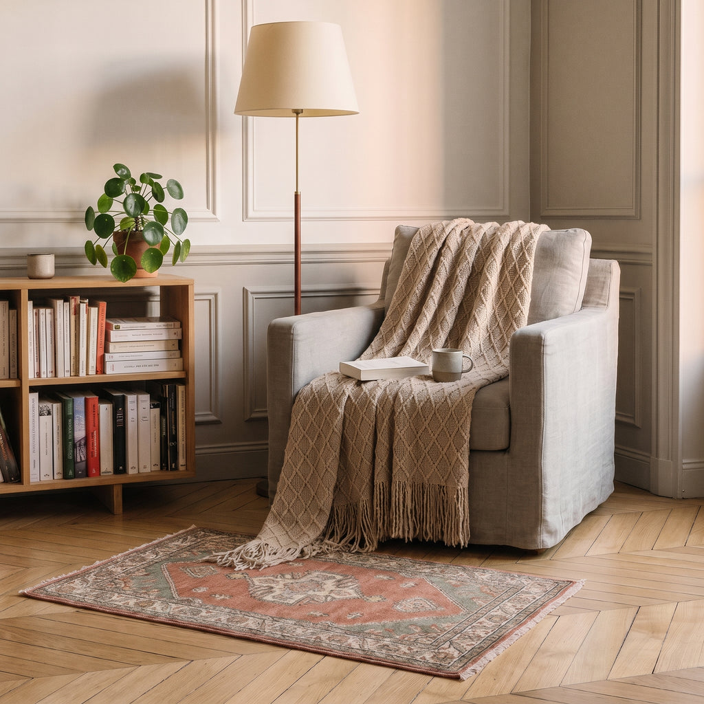 Plaid tricoté à point de riz, coloris Taupe, dans un intérieur