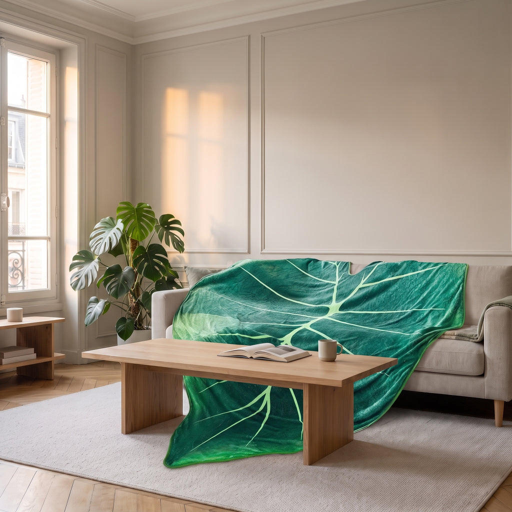 Couverture en forme de feuille, modèle Feuille vert profond, dépliée dans un intérieur