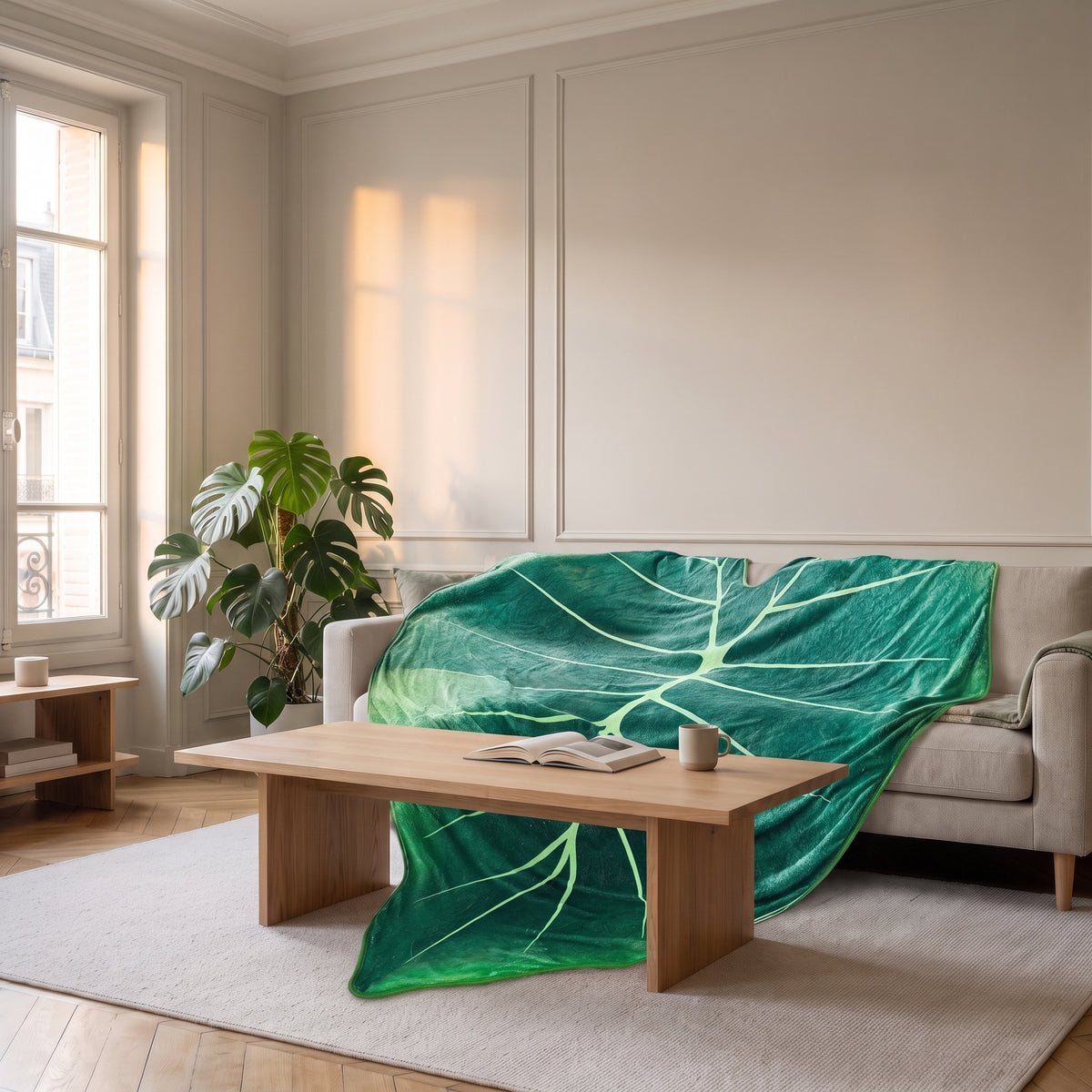 Couverture en forme de feuille, modèle Feuille vert profond, dépliée dans un intérieur