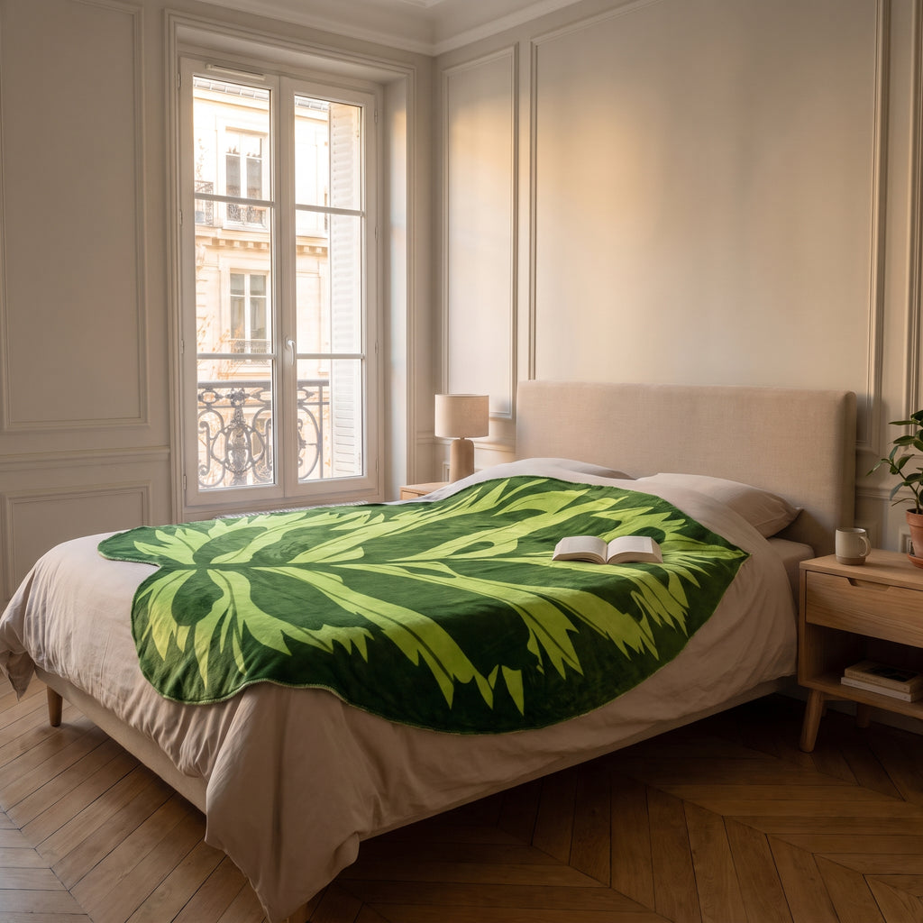Couverture en forme de feuille, modèle Feuille découpée vert anis, dépliée dans un intérieur