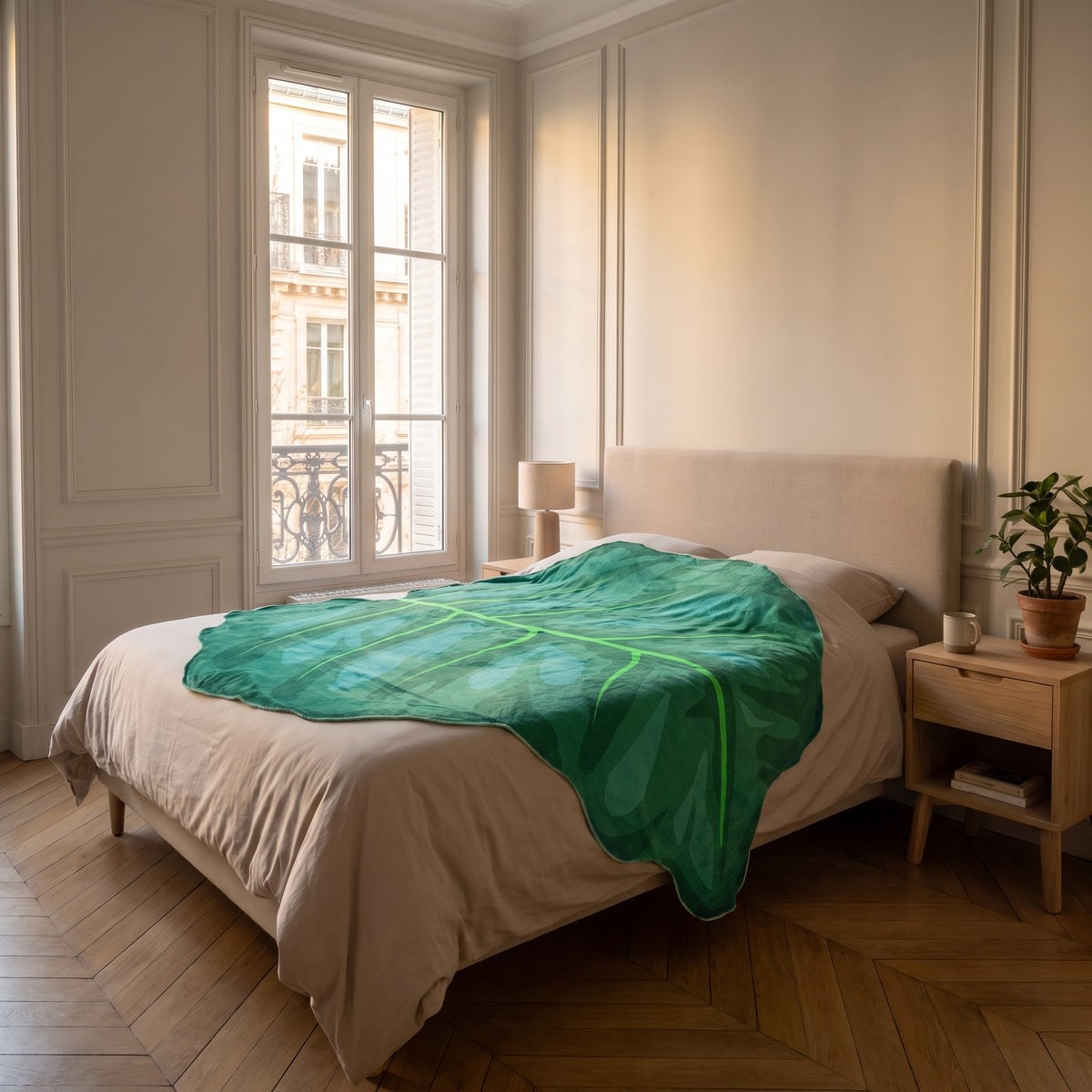 Couverture en forme de feuille, modèle Feuille vert émeraude, dépliée dans un intérieur