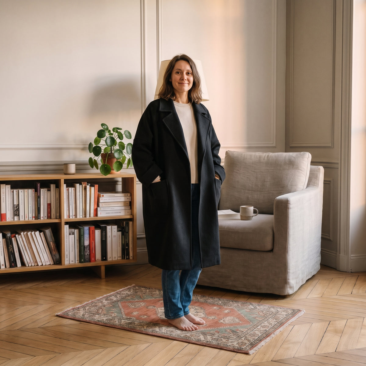 Manteau cocon très ample, coloris Noir, porté
