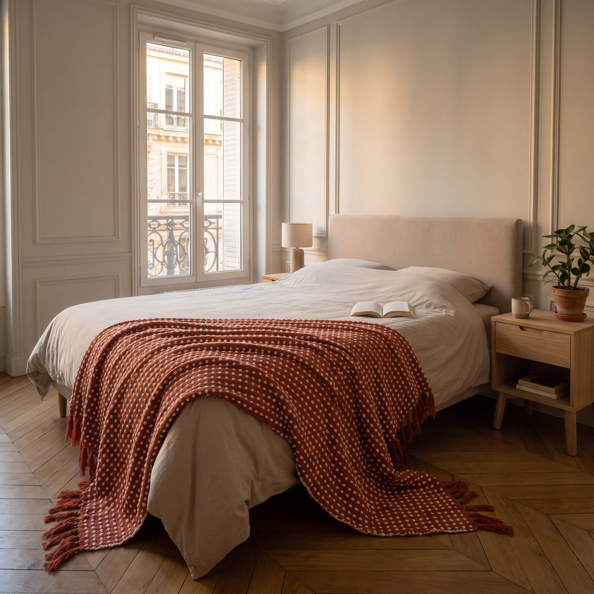Couverture tissée à pois en relief, coloris Terracotta, dans un intérieur