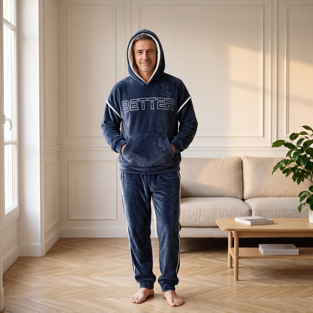 Homme debout capuche relevée en pyjama polaire bleu marine à liseré blanc Image