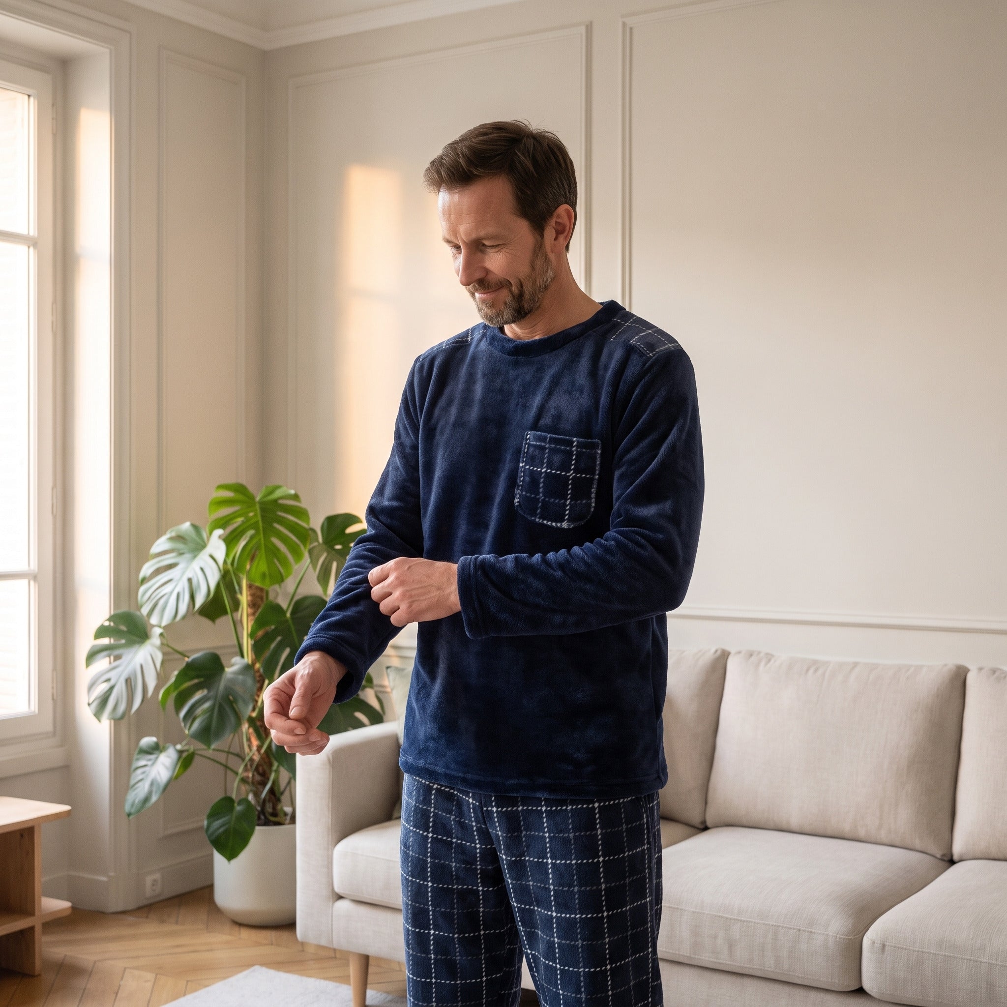 Homme debout en pyjama polaire bleu marine, la main qui lisse la manche pour montrer le velouté de la polaire Image