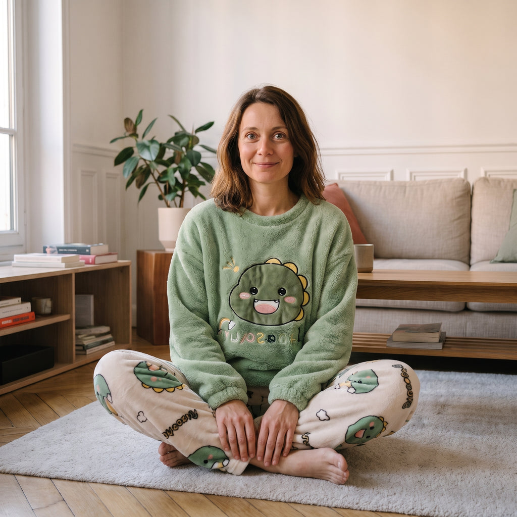 pyjama-pilou-pilou-colore-femme, coloris Dinosaure vert