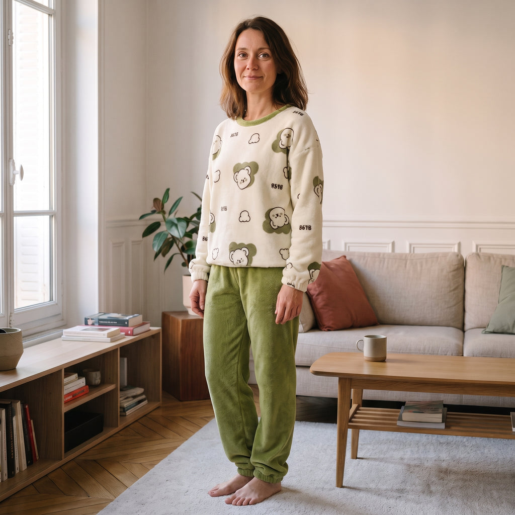 pyjama-pilou-pilou-colore-femme, coloris Ours et kaki