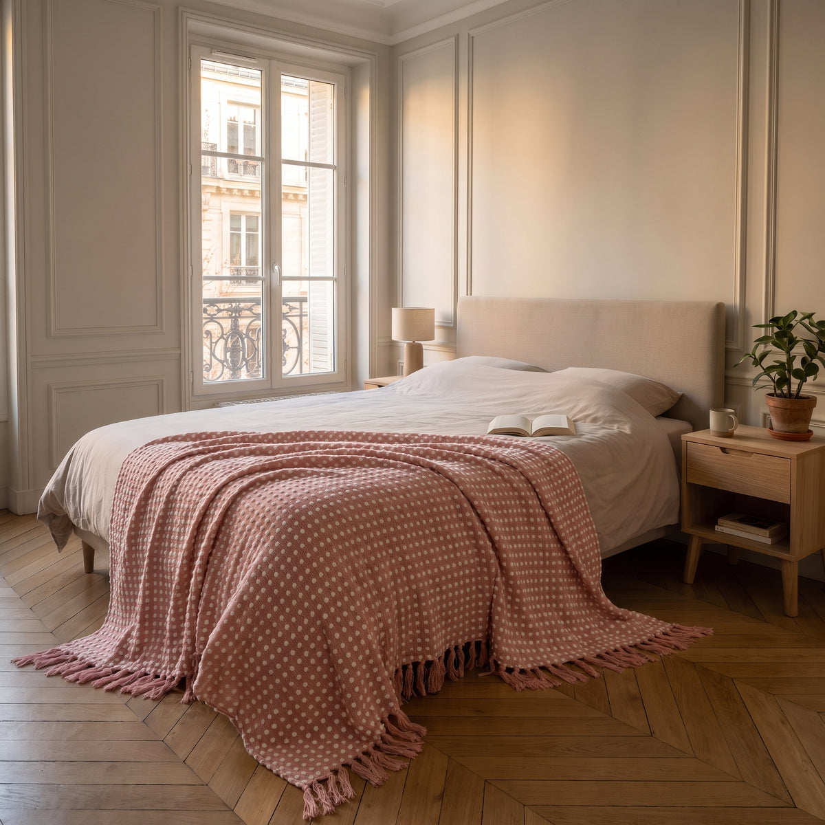 Couverture tissée à pois en relief, coloris Rose corail, dans un intérieur