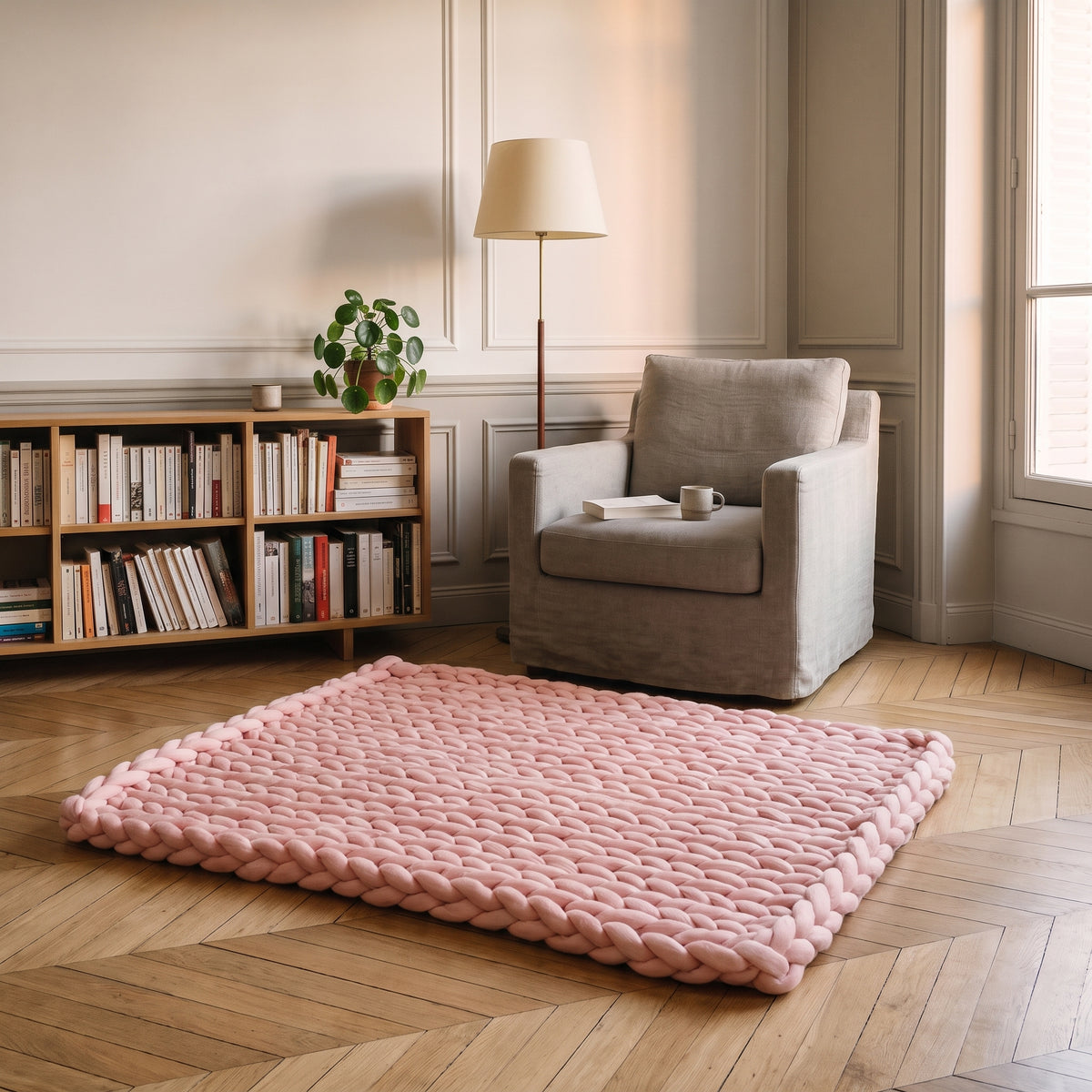 Plaid en maille géante, coloris Rose poudré, dans un intérieur