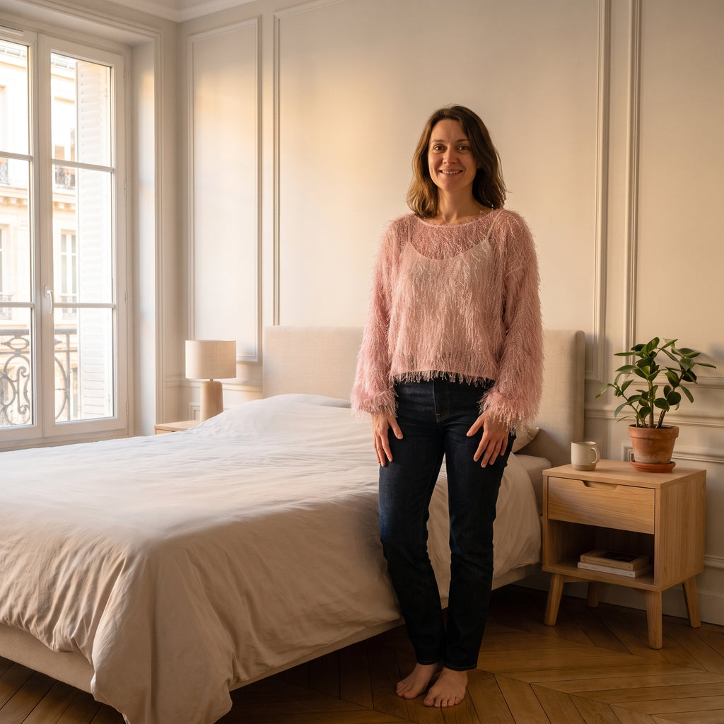 Pull court à longs poils et fil pailleté, coloris Rose poudré, porté