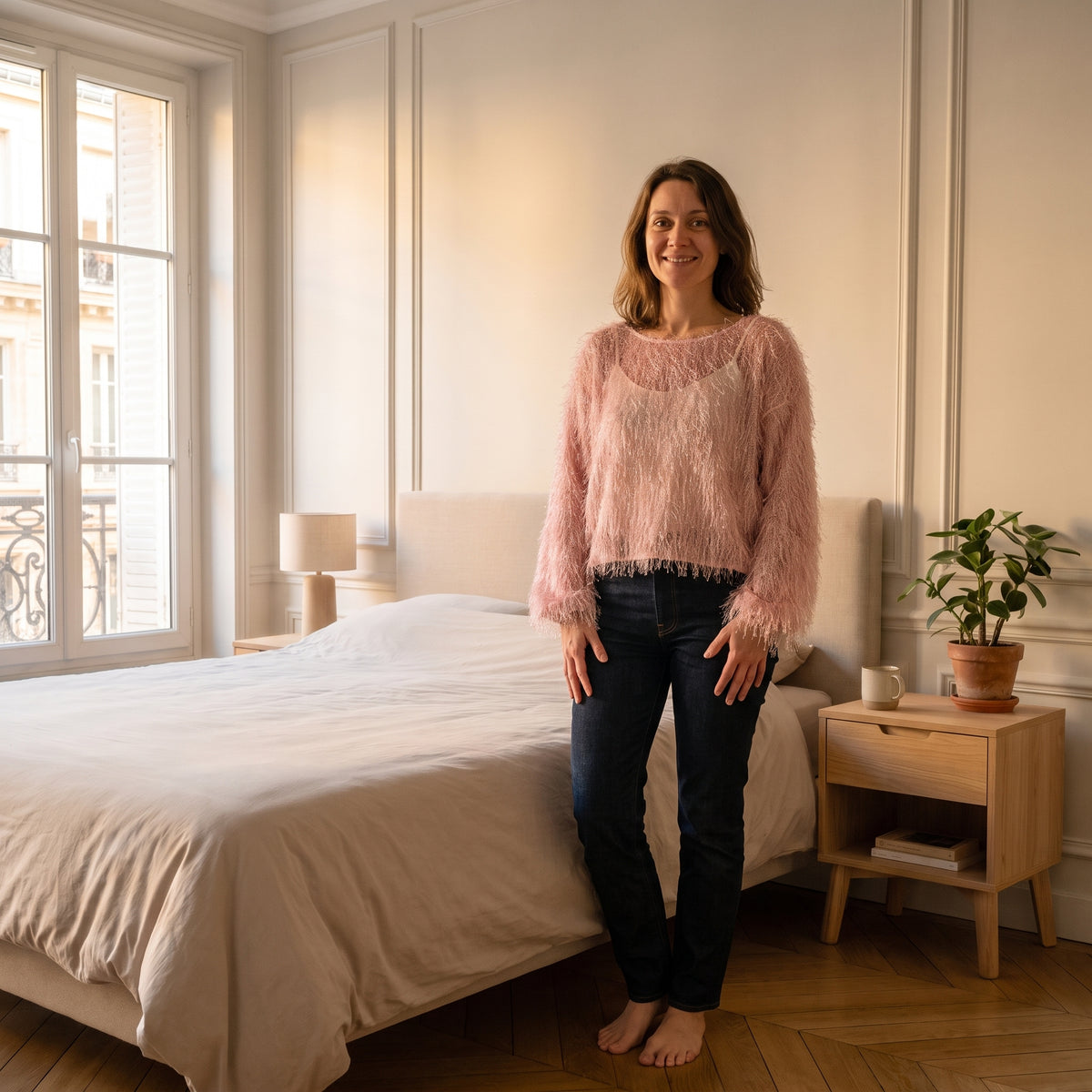 Pull court à longs poils et fil pailleté, coloris Rose poudré, porté