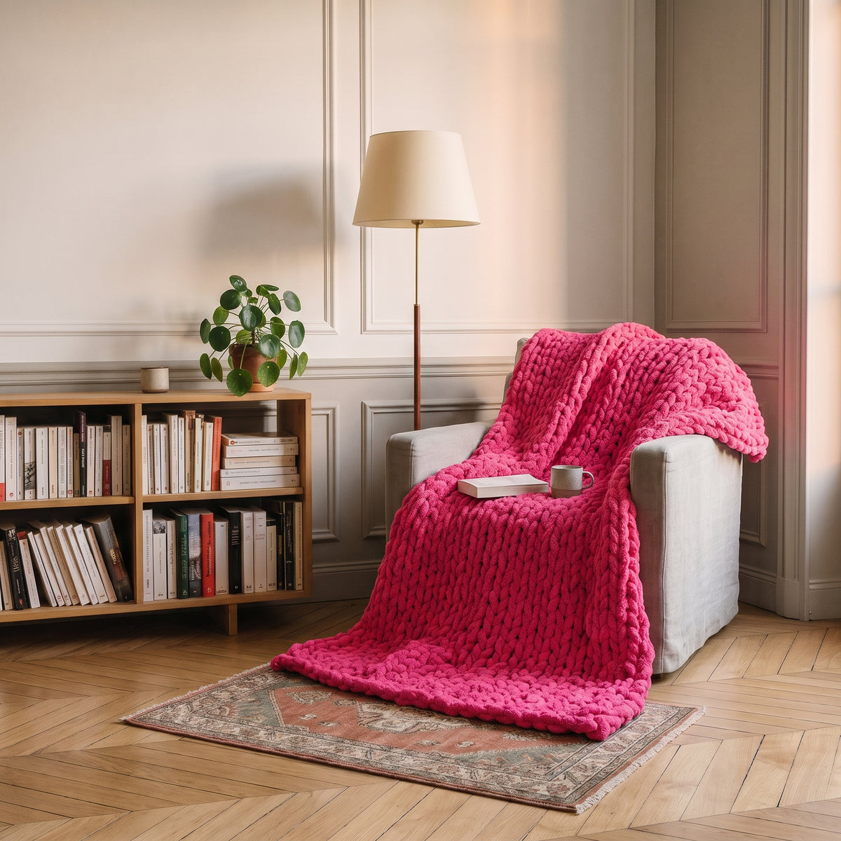 Plaid en grosse maille chenille, coloris Rose vif, dans un intérieur