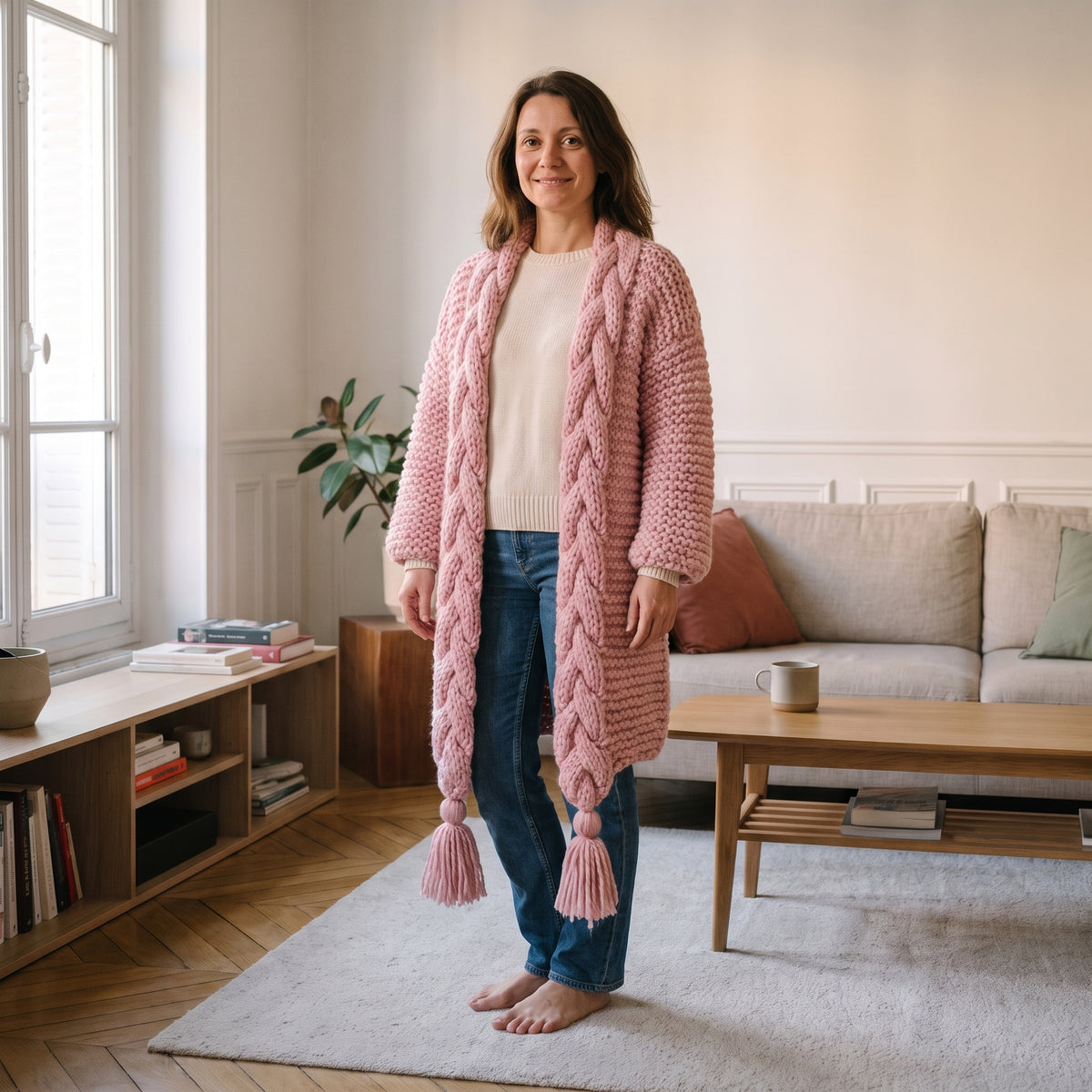 Gilet long en grosse maille torsadée, coloris Rose poudré, porté dans un salon