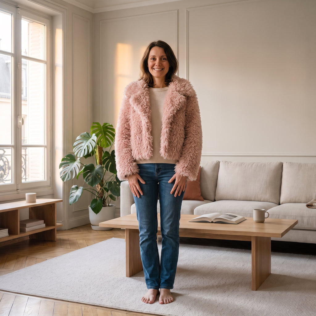Veste courte en fausse fourrure, coloris Rose poudré, portée