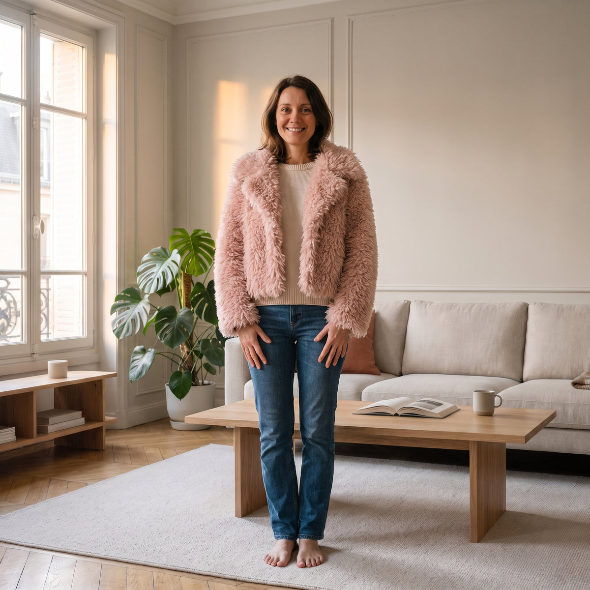 Veste courte en fausse fourrure, coloris Rose poudré, portée