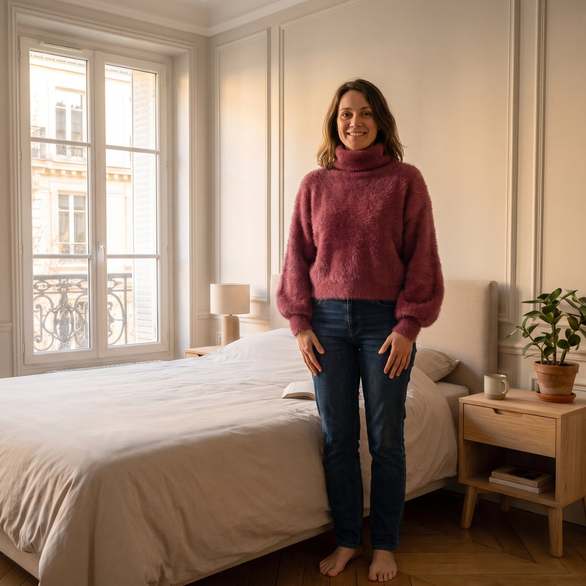 Pull duveteux à col cheminée, coloris Rose framboise, porté