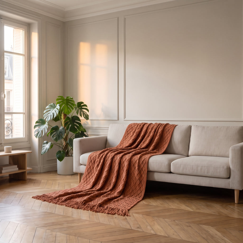 Plaid tricoté à point de riz, coloris Terracotta, dans un intérieur