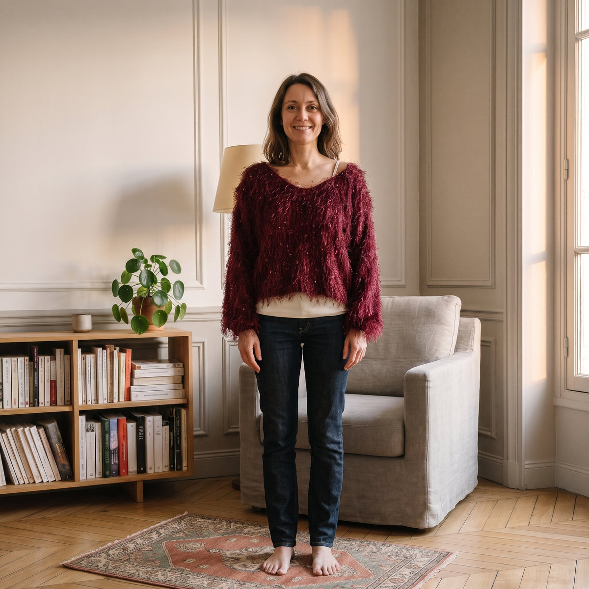Pull court à longs poils et fil pailleté, coloris Bordeaux, porté