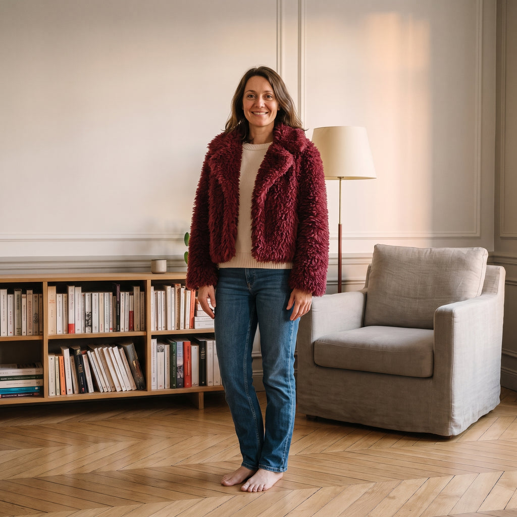 Veste courte en fausse fourrure, coloris Bordeaux, portée