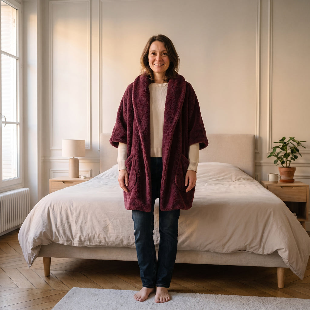 Pull-poncho en peluche à grand col châle, coloris Bordeaux, porté