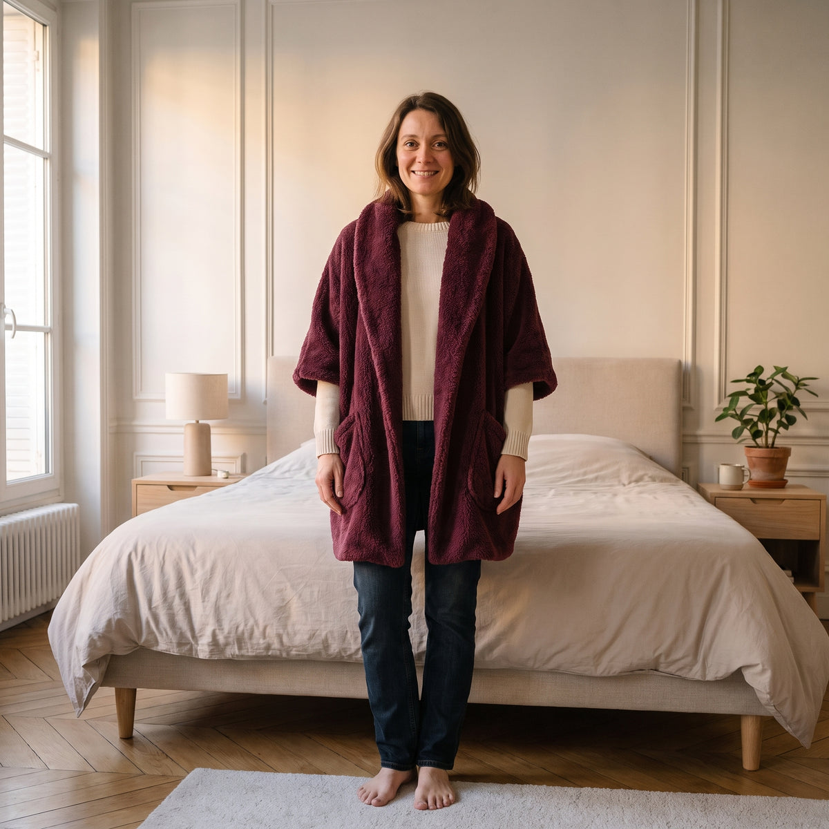 Pull-poncho en peluche à grand col châle, coloris Bordeaux, porté