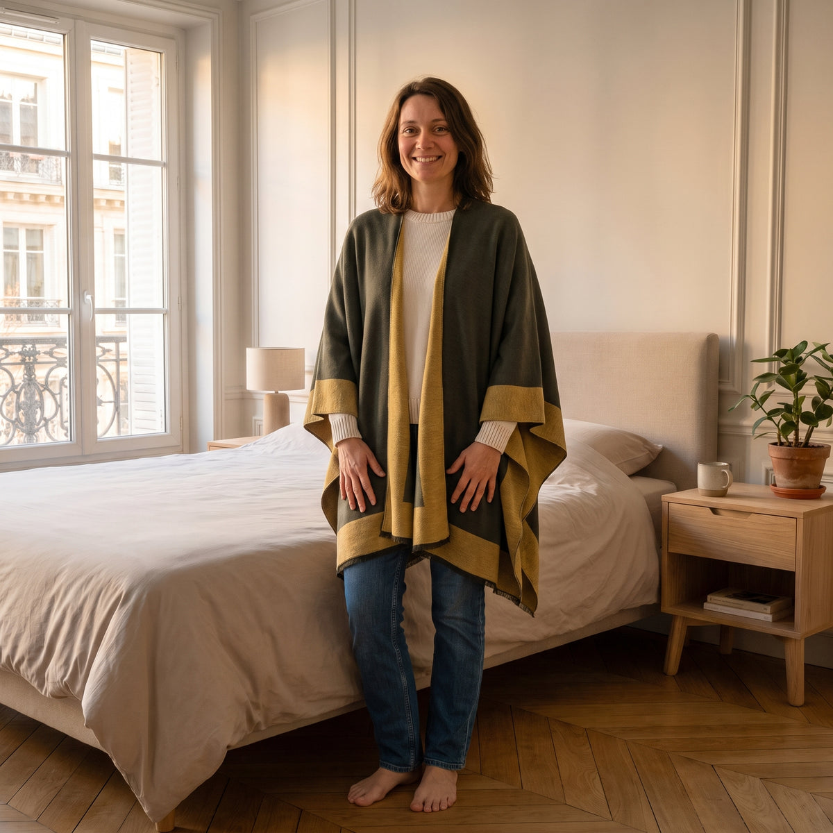 Poncho bicolore réversible, coloris Kaki et moutarde, porté