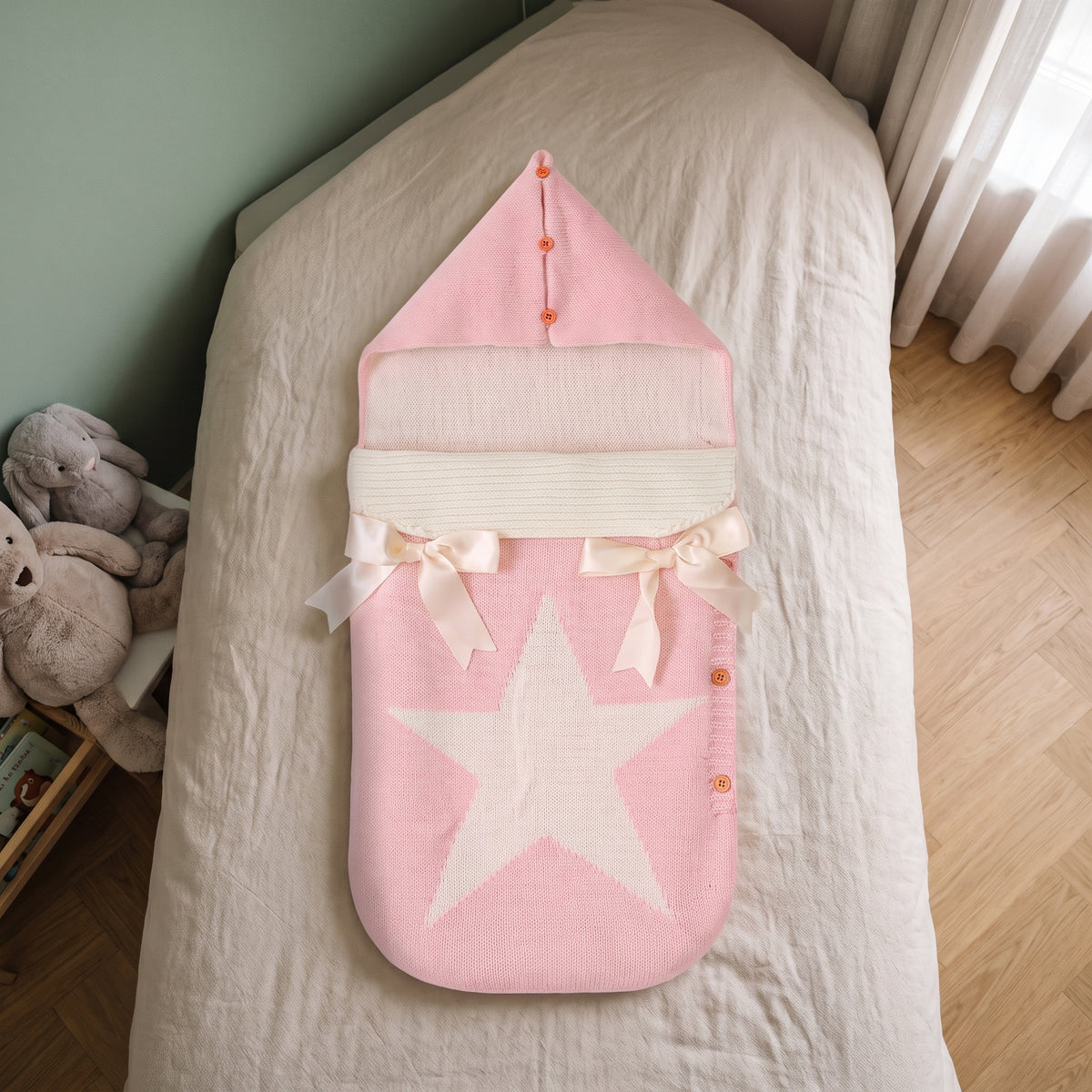 Gigoteuse bébé rose poudré à capuche, posée sur le lit d'une chambre d'enfant