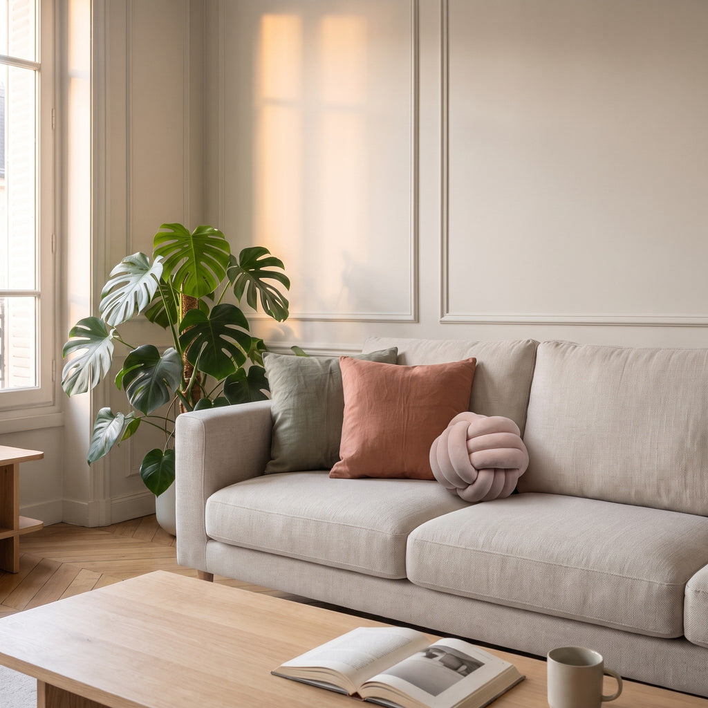 Coussin nœud beige rosé posé dans l'angle d'un canapé en tissu clair, salon haussmannien