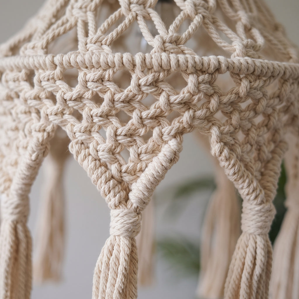 Gros plan sur le tressage macramé et la retombée à franges