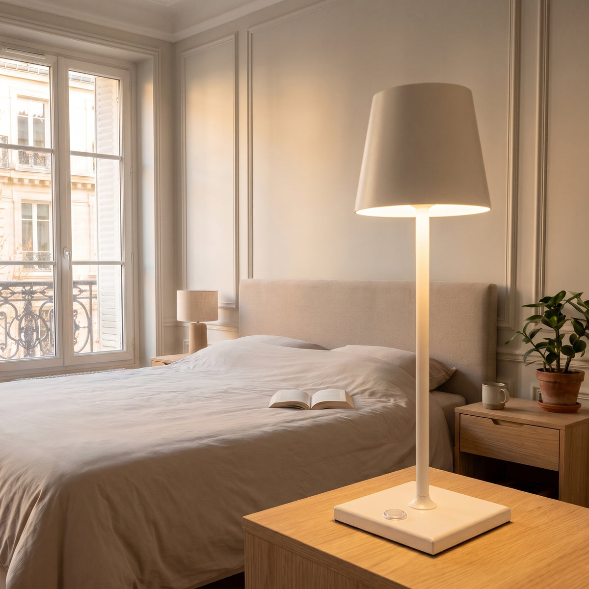 Lampe de table sans fil blanche allumée sur la table de chevet