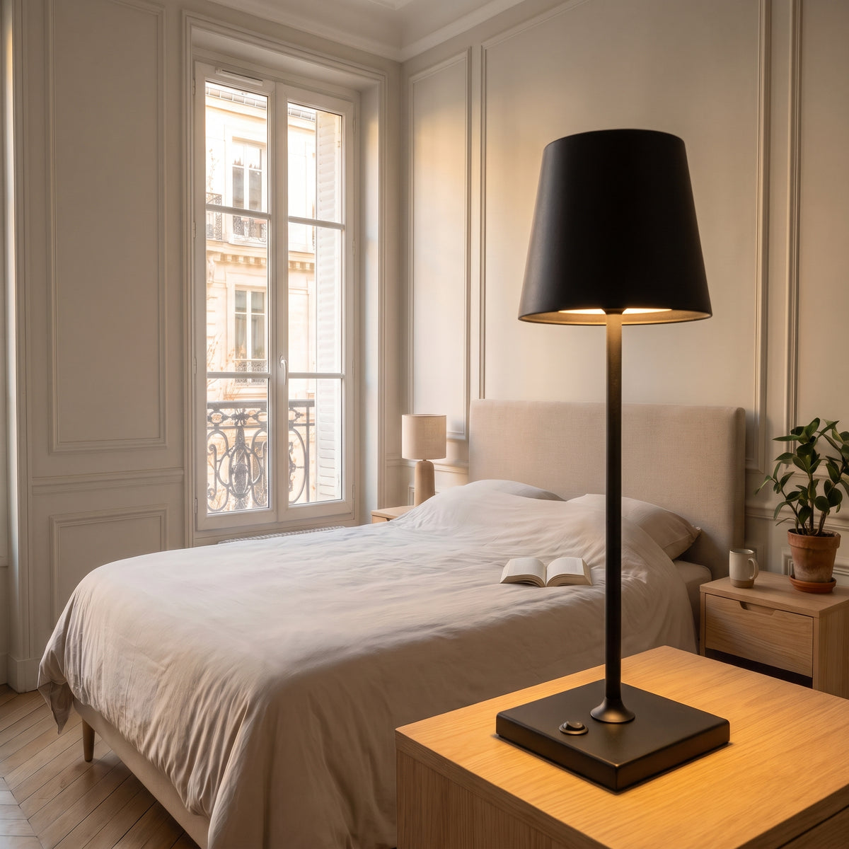 Lampe de table sans fil noire allumée sur la table de chevet