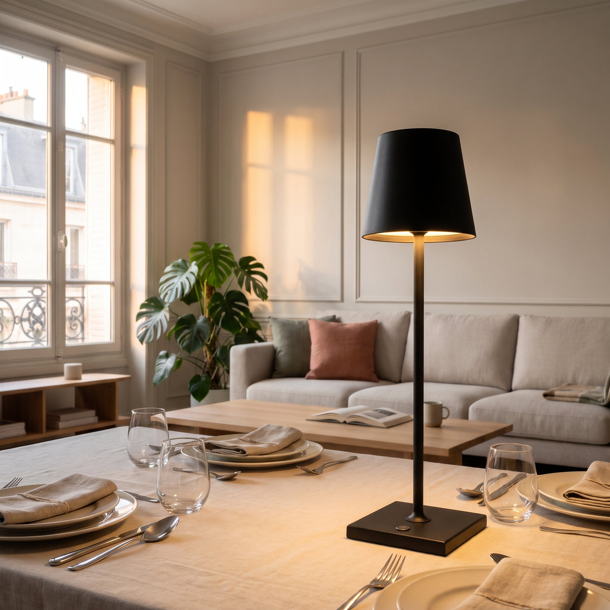 Lampe de table sans fil noire allumée pendant le dîner
