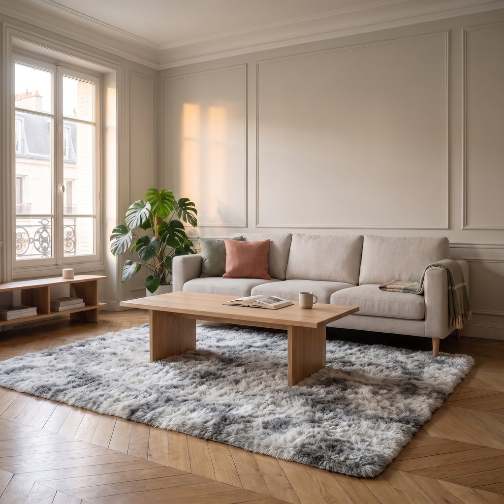 Tapis shaggy gris clair dans un salon