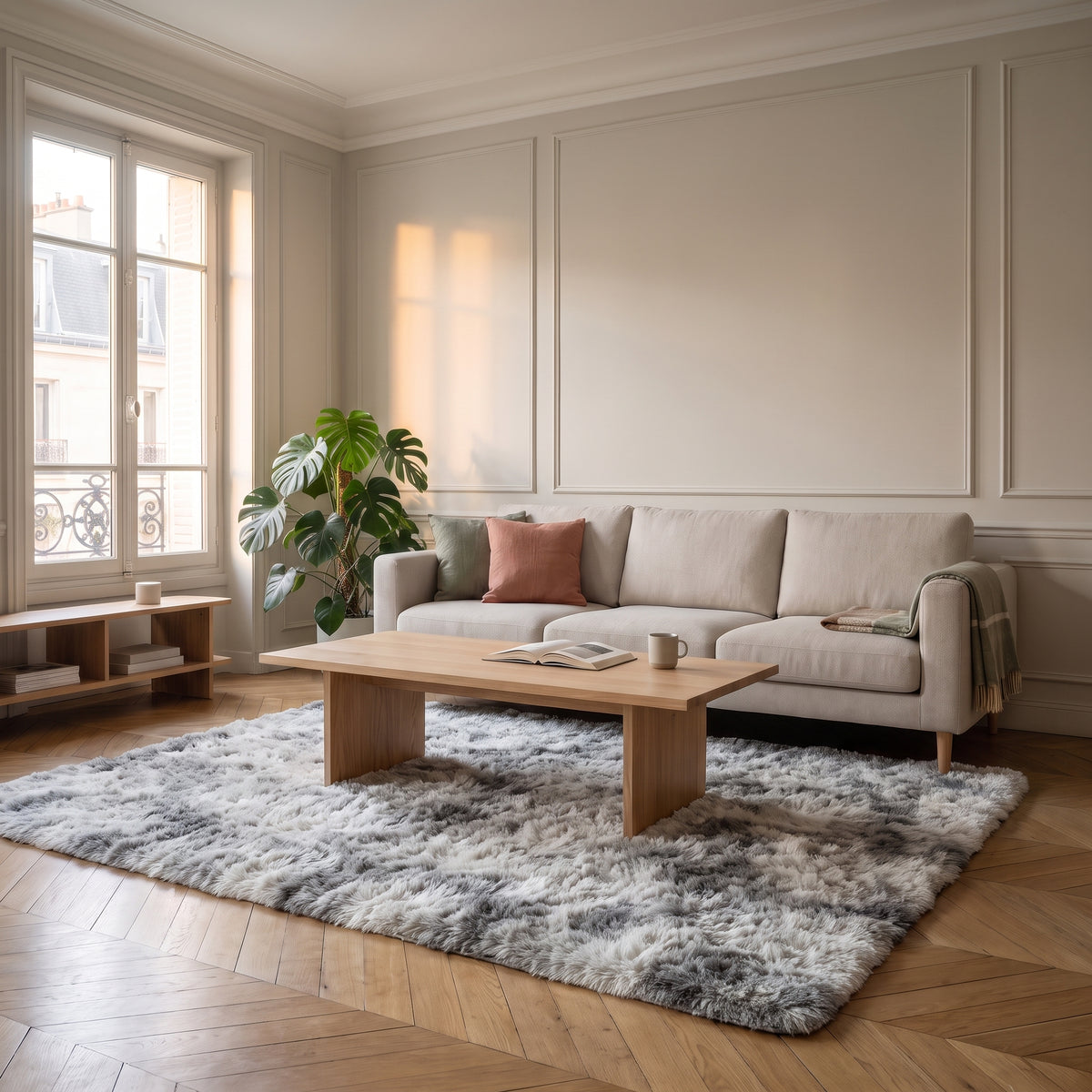 Tapis shaggy gris clair dans un salon