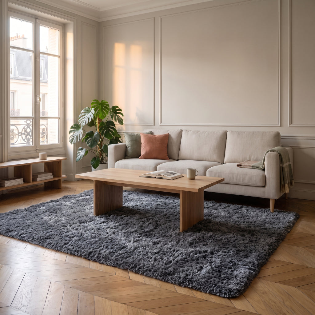 Tapis shaggy gris fonce dans un salon