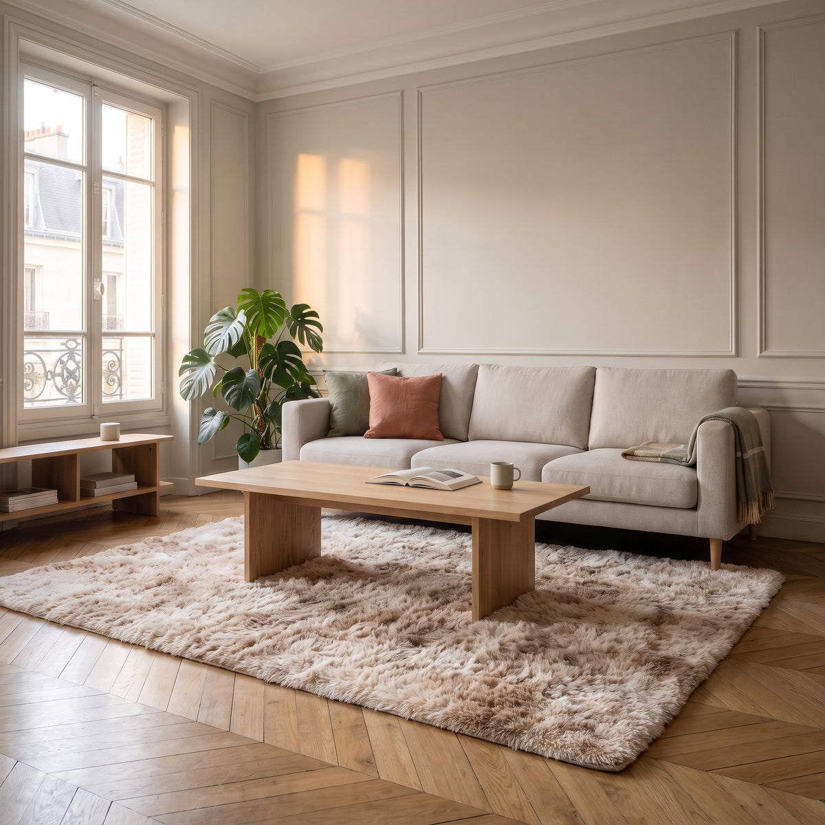 Tapis shaggy marron clair dans un salon